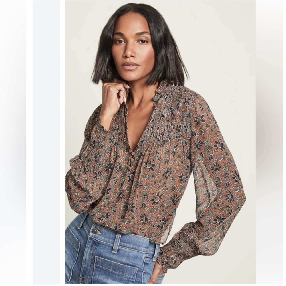 Veronica Beard Brown Floral Semi Sheer Smocked Minte Blouse with Cami Size 6